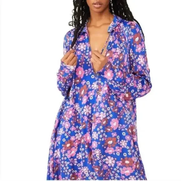 NEW $148 Free People Blue Floral Long Sleeve Boho Mini Dress - Picture 5 of 9